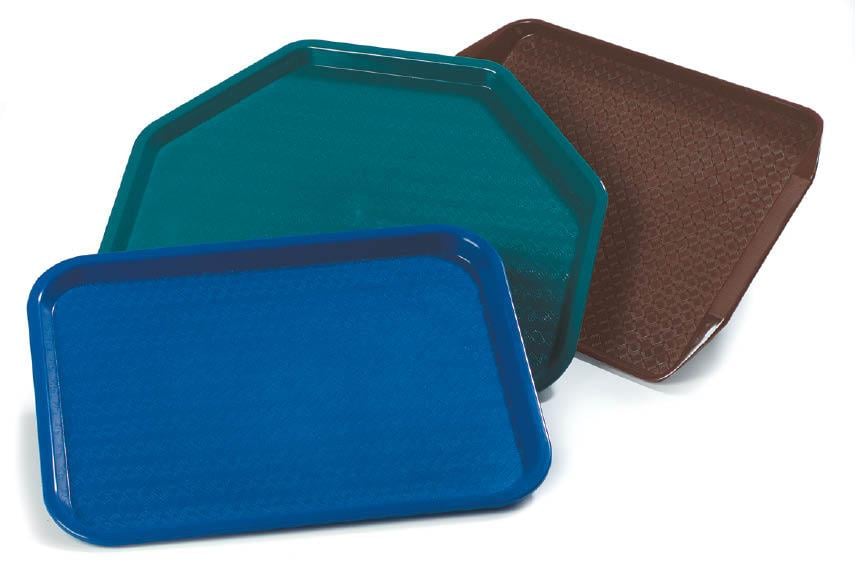 Group photo of cafe trays Group photo of blue green and brown trays